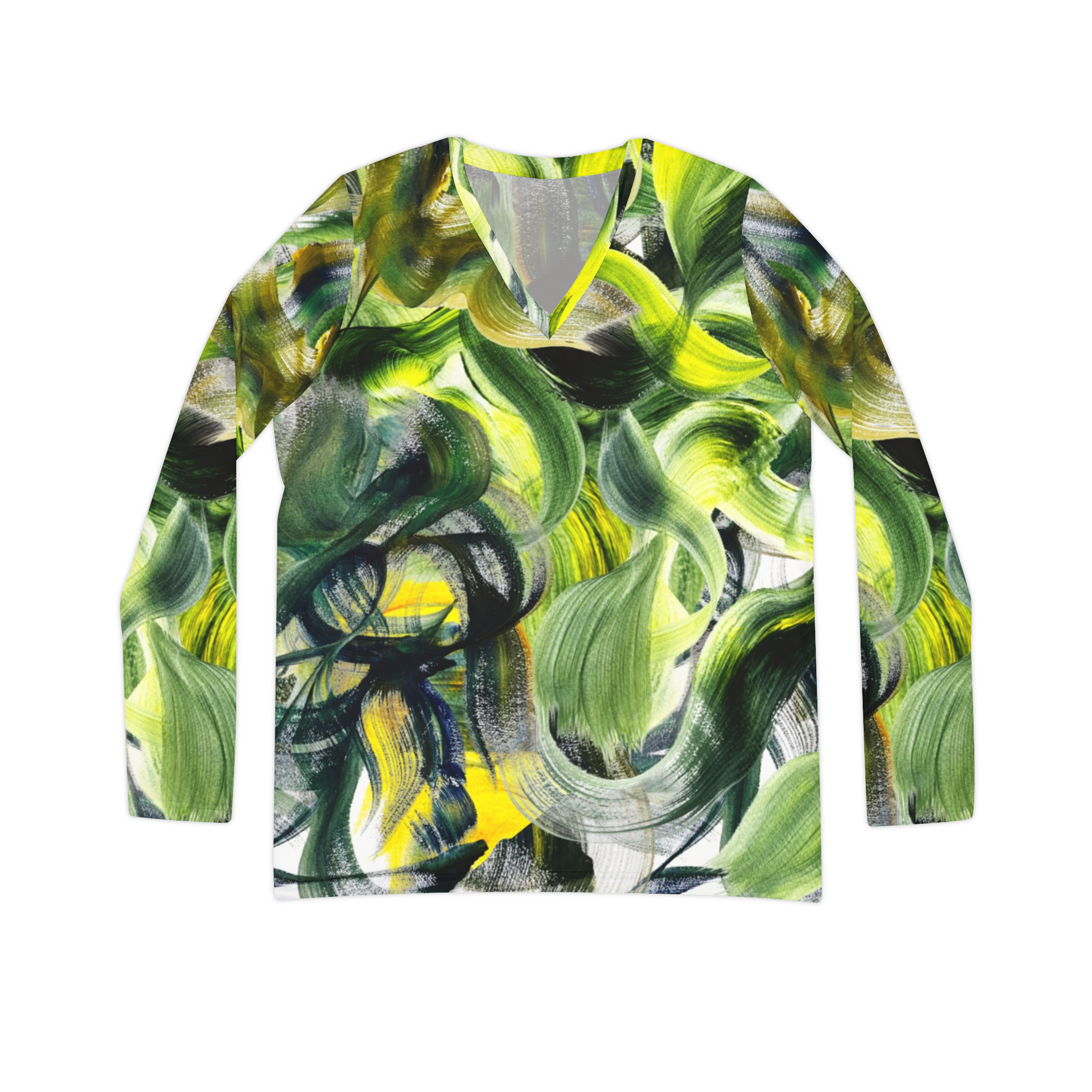 Verdant Leaflets Long Sleeve V-neck Shirt